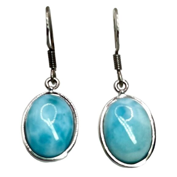 925 Sterling Silver KHR Larimar Oval Ca Dangle Drop Earrings Simple Blue - Picture 1 of 8